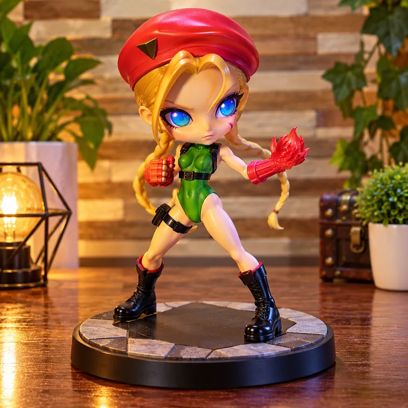 Miniatura aventureira em impressão 3D, com chapéu vermelho e detalhes coloridos.