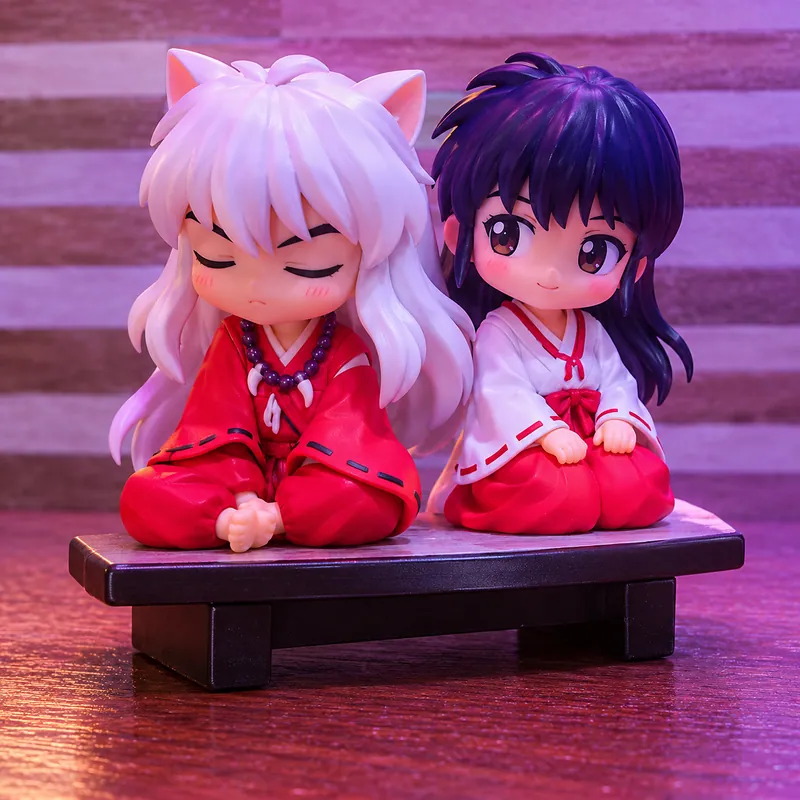 Duas miniaturas no estilo chibi, sentadas em um banco de madeira sob iluminação rosa.