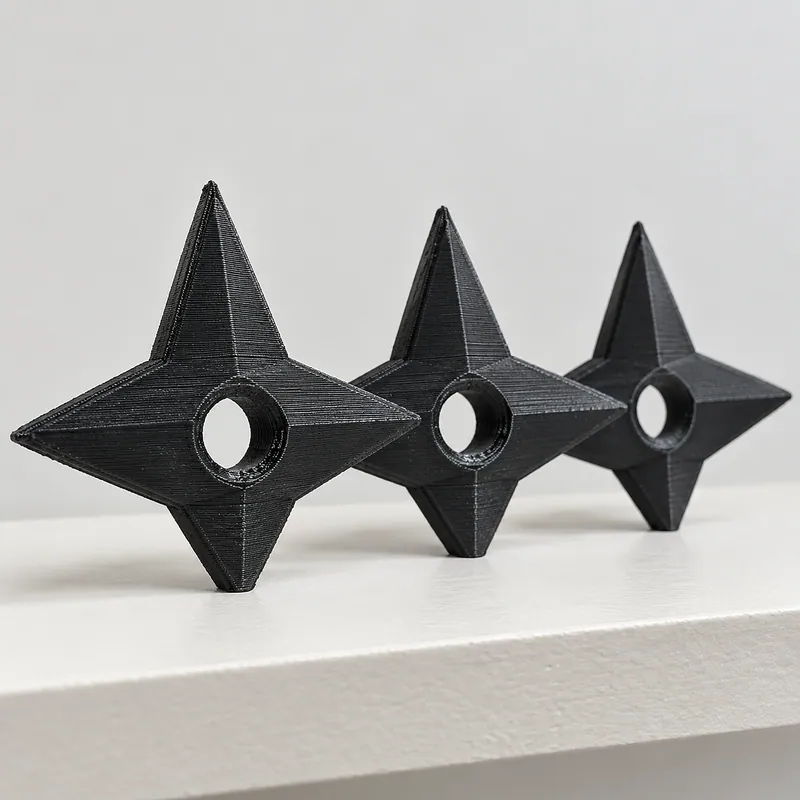 Três shurikens decorativas pretas apoiadas em uma prateleira branca.